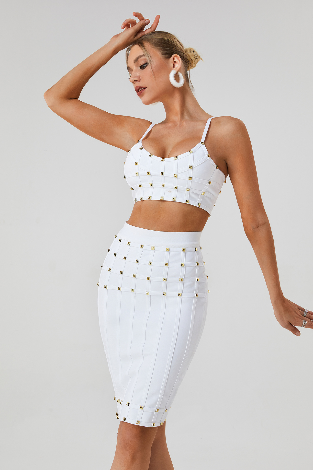 White & Gold Studded Bandage Crop Top & Midi Skirt Set - Two Piece Bodycon Clubwear BA363