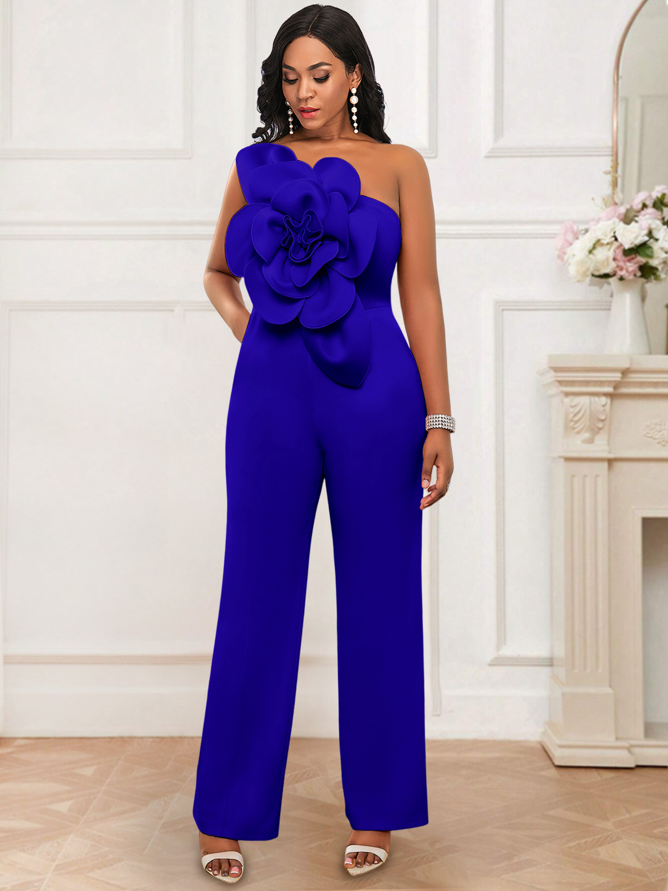 Plus-Sizes  Elegant Formal Jumpsuit with 3D Flower Detail AM030218	-UGENA FASHION