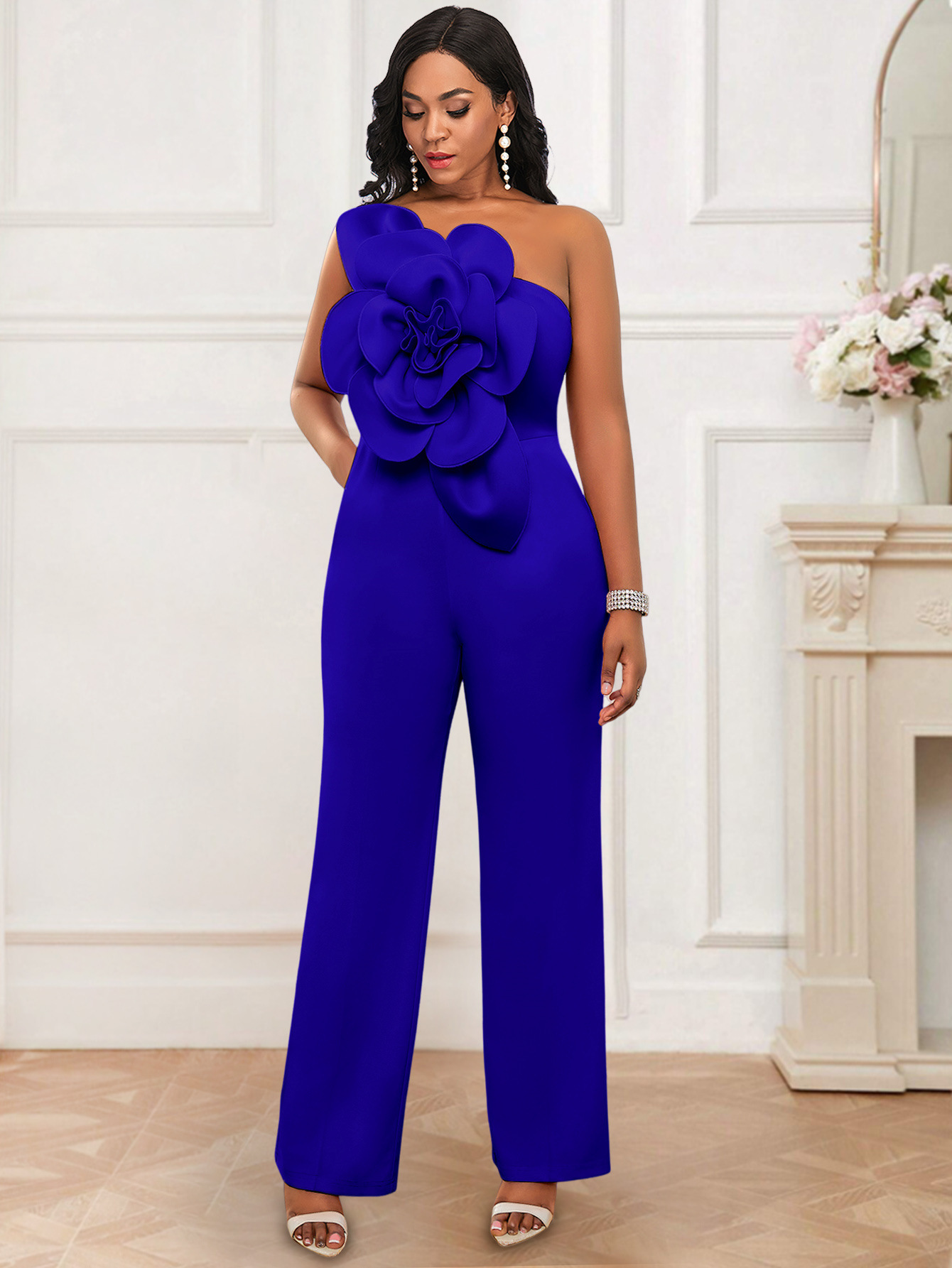 Plus-Sizes  Elegant Formal Jumpsuit with 3D Flower Detail AM030218	-UGENA FASHION