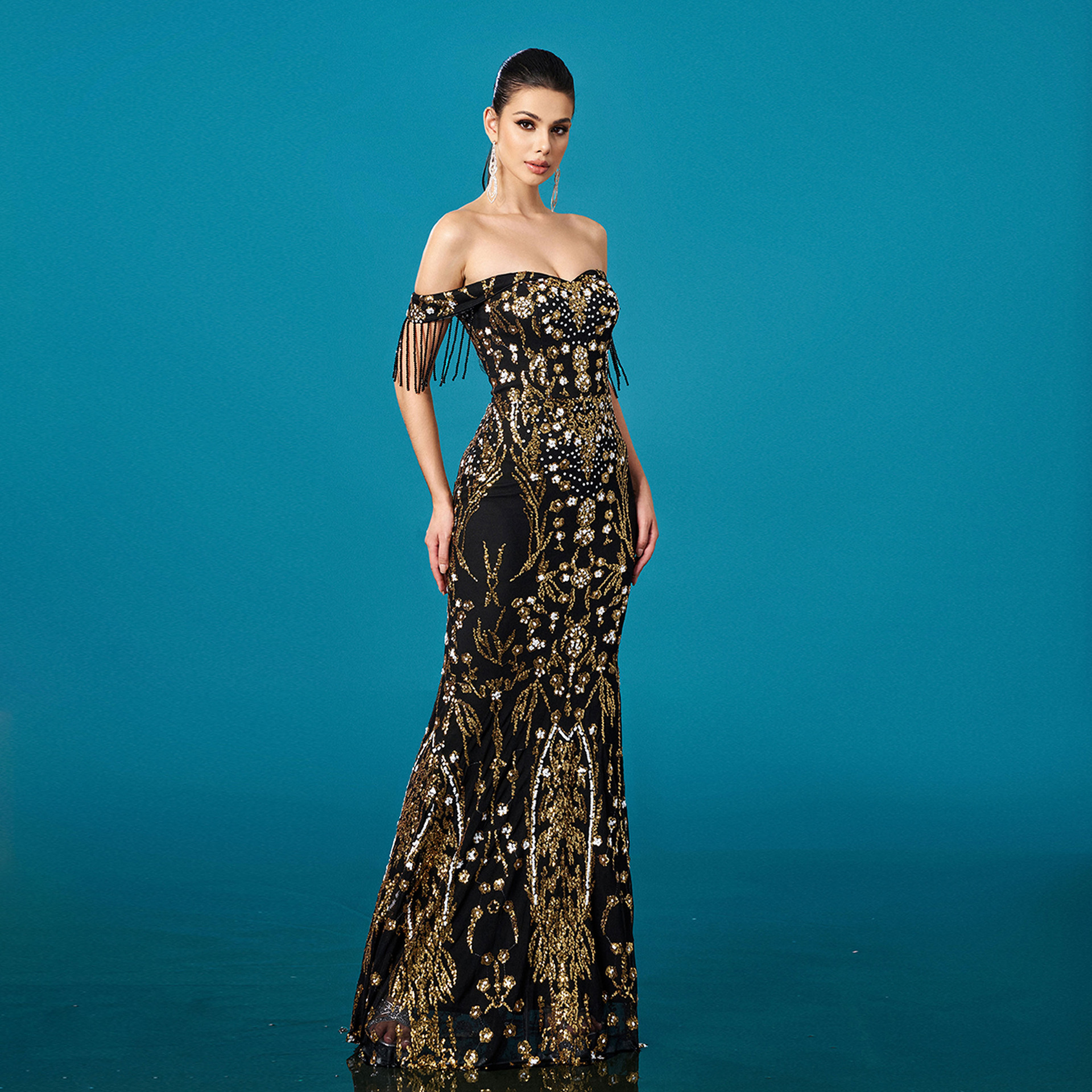 Luxury Black and Gold Sequin Off-Shoulder Mermaid Gown with Tassel Detail DH80448