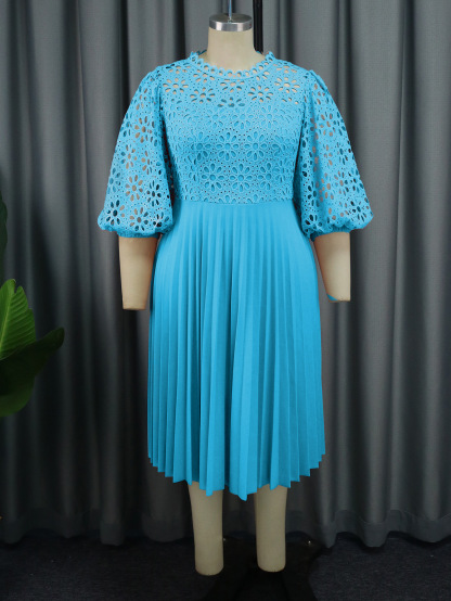 Plus-Sizes Elegant Eyelet Lace & Pleated Chiffon Dress AM030904 	-UGENA FASHION