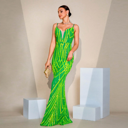 Fluorescent Green Sequin Mermaid Gown with V-Neck & Crisscross Back - Showstopper Prom Dress rj0066