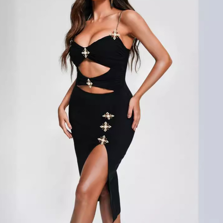 Luxury Black Chain Strap Midi Dress with Jewel & Pearl Embellishments - Cutout Bodycon Gown BA360