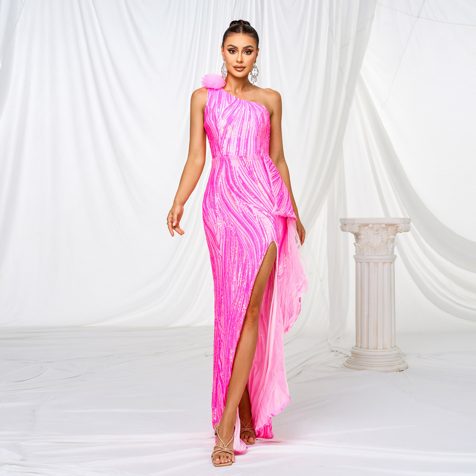 Dazzling Neon Pink One-Shoulder Sequin Gown with High Slit and Ruffle Detail gm00079