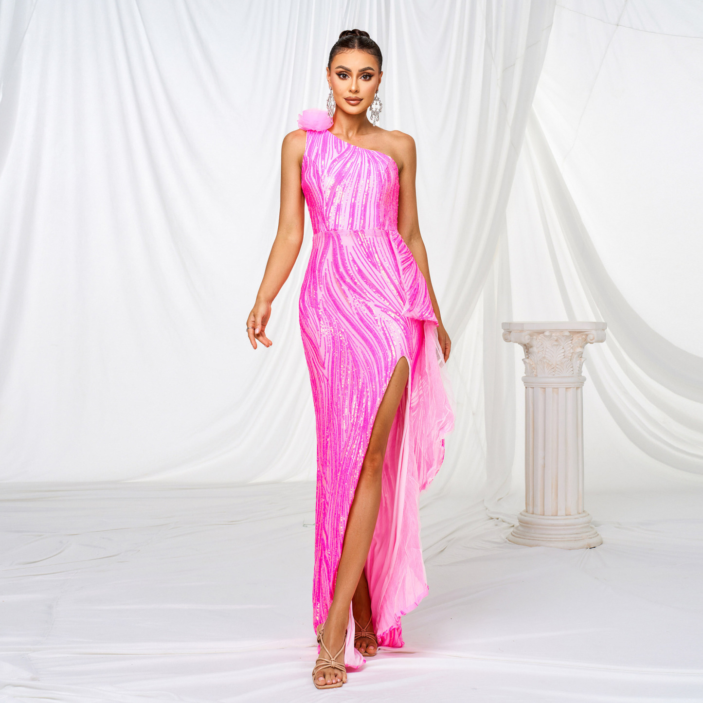 Dazzling Neon Pink One-Shoulder Sequin Gown with High Slit and Ruffle Detail gm00079