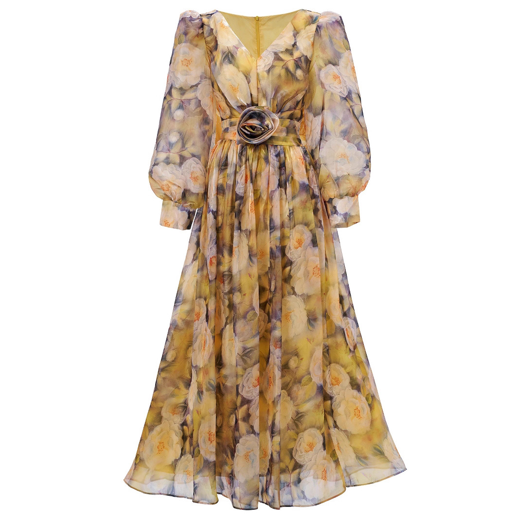 Yellow Floral Print Chiffon Maxi Dress | V-Neck Long Puff Sleeve Gown with 3D Waist Flower Detail | Elegant Retro Summer Wedding Guest Dress qc21