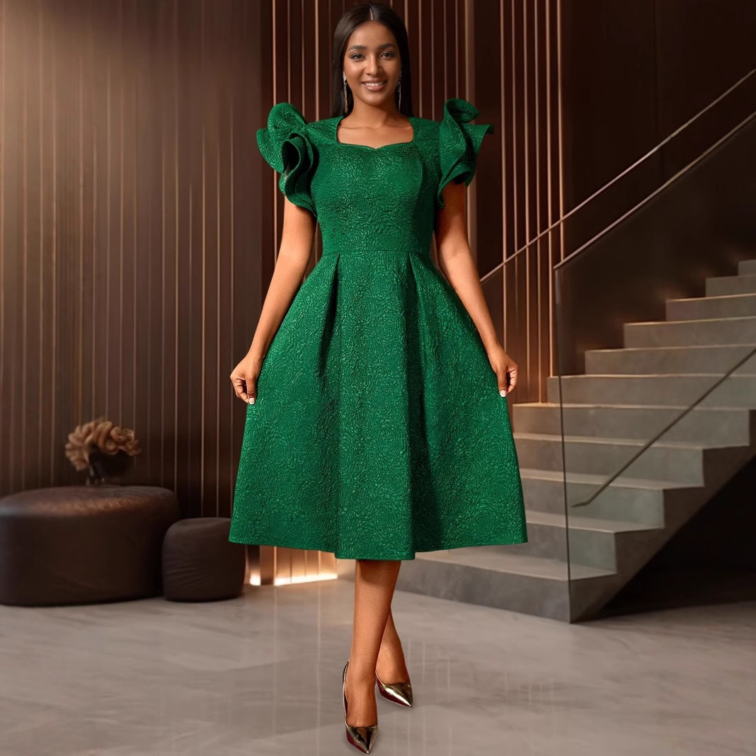 Plus-Sizes Textured Jacquard A-Line Midi Dress with Ruffle Sleeves - Elegant Square Neckline Party Dress AM050333	-UGENA FASHION