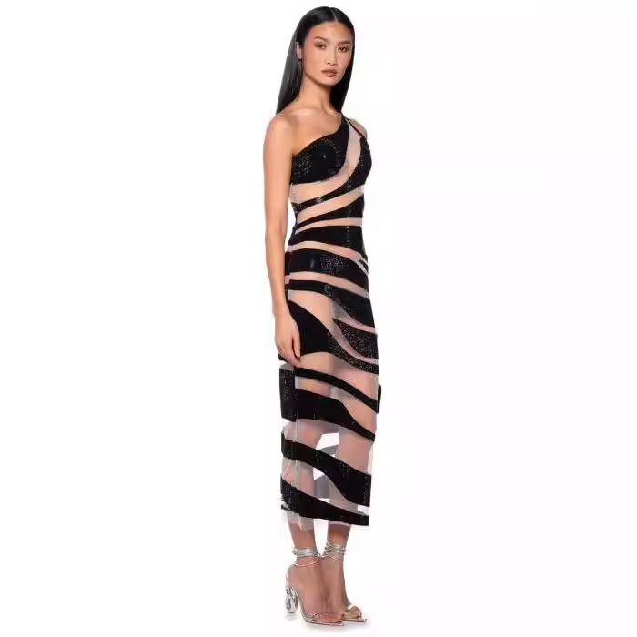 Avant-Garde One Shoulder Sequin Sheer Mesh Midi Dress | Sexy Bodycon Night Out Party Gown BA449