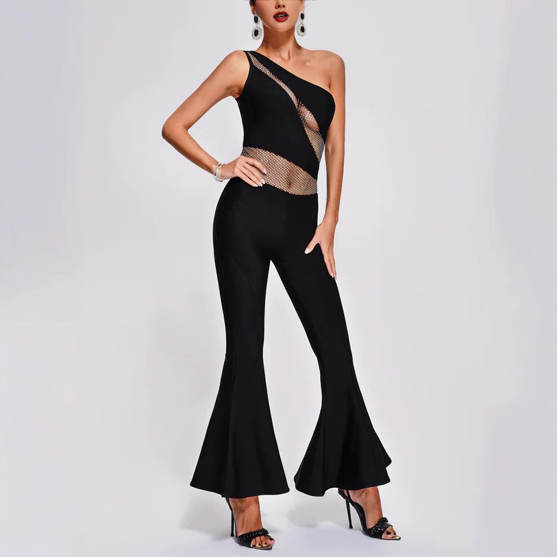Dazzling One Shoulder Crystal Mesh Jumpsuit – Black Flared Leg Bodycon Romper BA352
