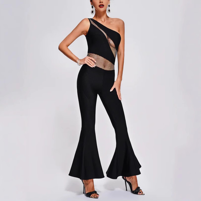 Dazzling One Shoulder Crystal Mesh Jumpsuit – Black Flared Leg Bodycon Romper BA352