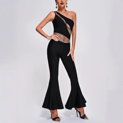 Dazzling One Shoulder Crystal Mesh Jumpsuit – Black Flared Leg Bodycon Romper BA352