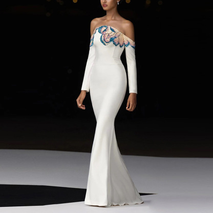 Elegant Off-the-Shoulder Mermaid Evening Gown - Long Sleeve White Formal Dress with Floral Sequin Appliqué 9100