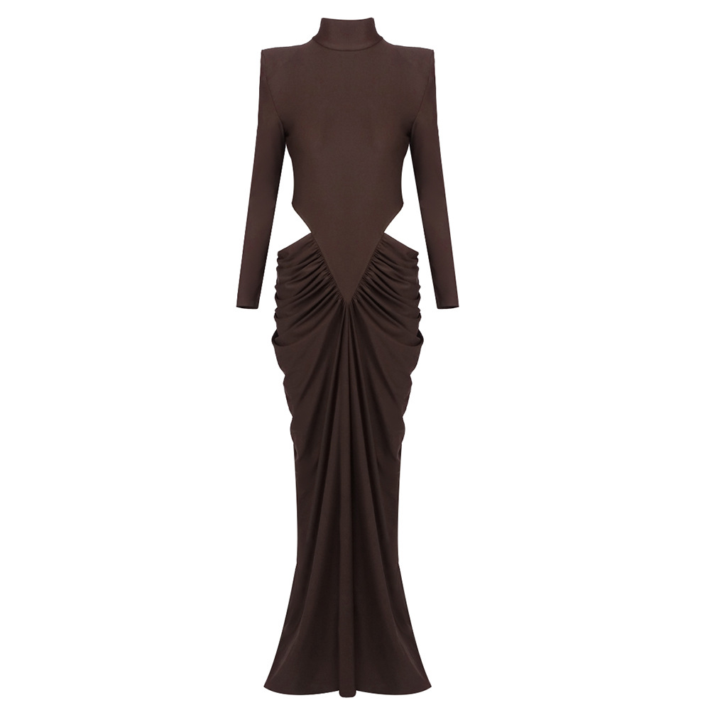 Mocha Brown Cutout Ruched Maxi Gown - Mock Neck Long Sleeve High Slit Dress for Evening Party BD2675