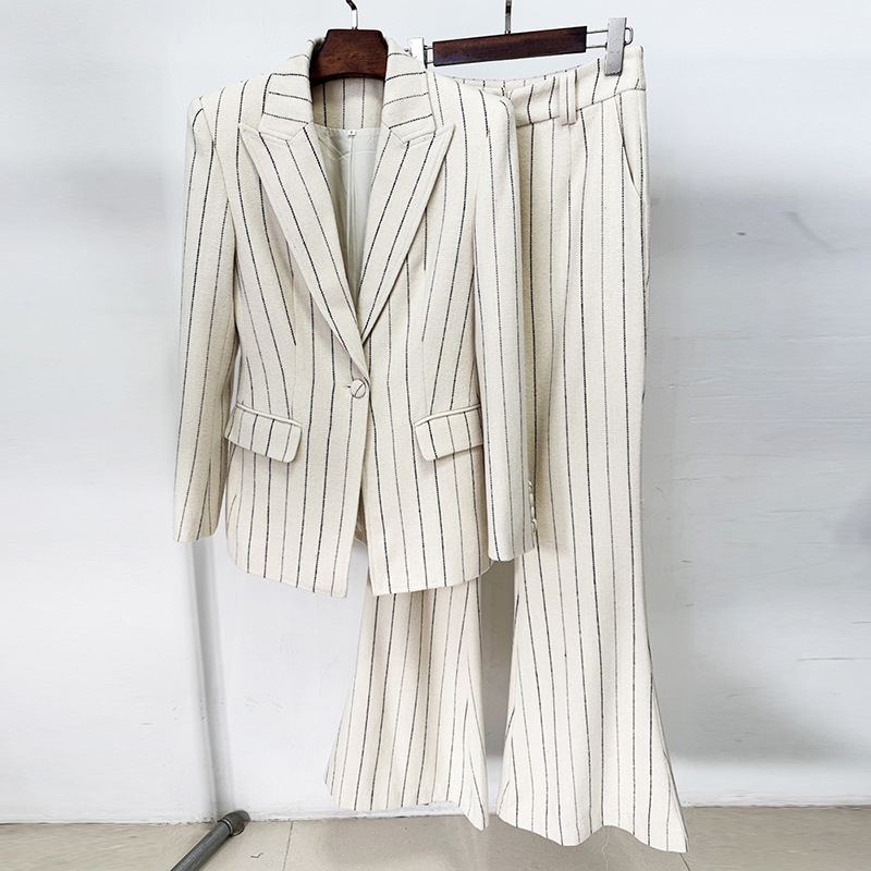 Elegant Pinstripe Women's Suit Set - Slim Fit Cream Blazer & High-Waisted Flare Trousers - Chic 2-Piece Office Wear & Professional Formal Suit for Women 3090