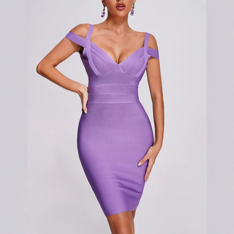 Lavender Bandage Bodycon Mini Dress – Sexy Off-Shoulder Deep V-Neck Party Dress BA353