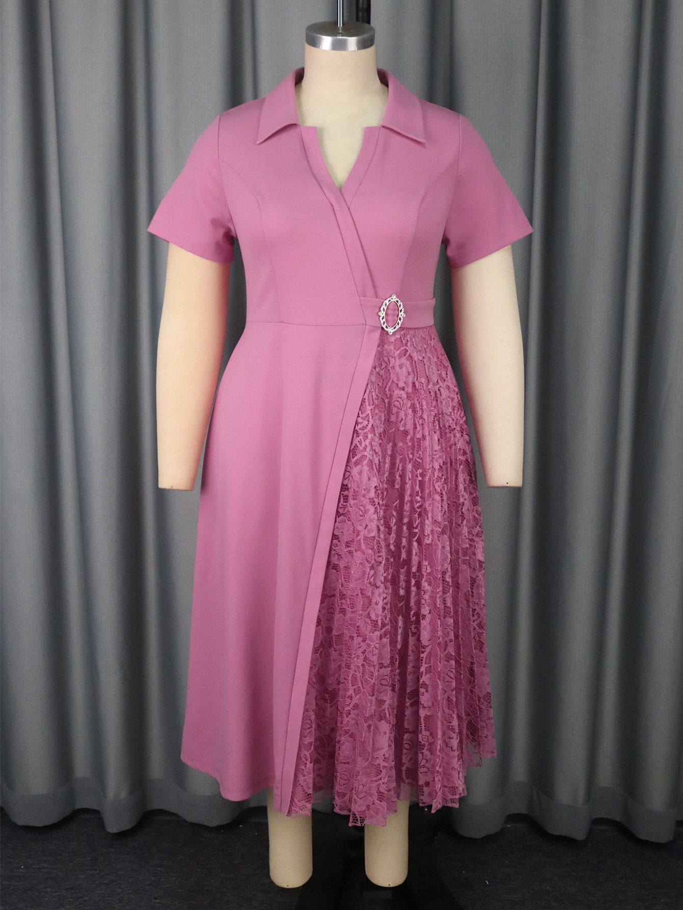 Plus-Sizes Chic A-Line Dress with Pleated Lace Skirt - Elegant Formal Wear AM050511	-UGENA FASHION