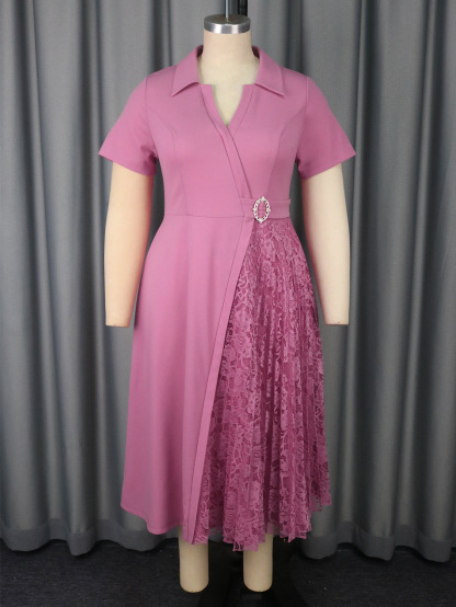 Plus-Sizes Chic A-Line Dress with Pleated Lace Skirt - Elegant Formal Wear AM050511	-UGENA FASHION