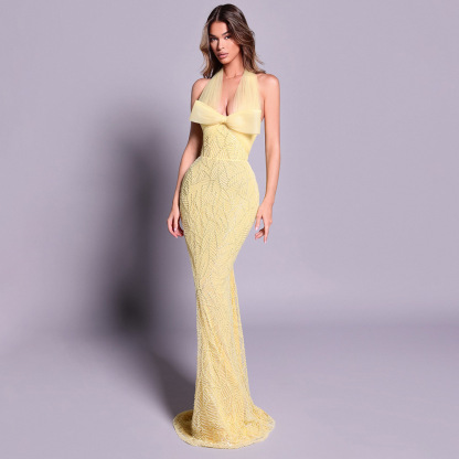 Lemon Yellow Beaded Bow Halter Gown - Sleeveless Couture Maxi Dress for Prom & Summer Gala Z0024
