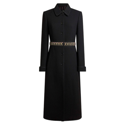 Elegant Black Slim-Fit Coat with Gold Embellished Waist Band 3086