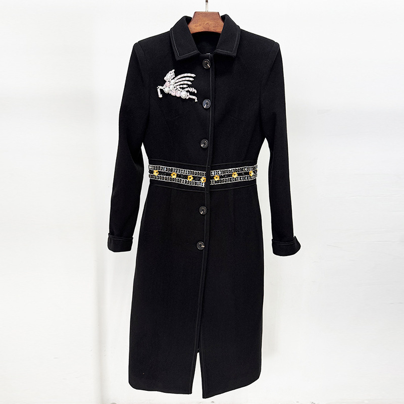 Elegant Black Slim-Fit Coat with Gold Embellished Waist Band 3086