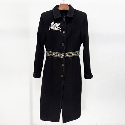 Elegant Black Slim-Fit Coat with Gold Embellished Waist Band 3086