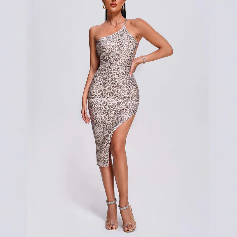 Metallic Leopard Print One Shoulder Mini Dress - Backless Asymmetrical Club Party Wear BA337