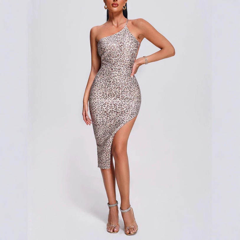 Metallic Leopard Print One Shoulder Mini Dress - Backless Asymmetrical Club Party Wear BA337