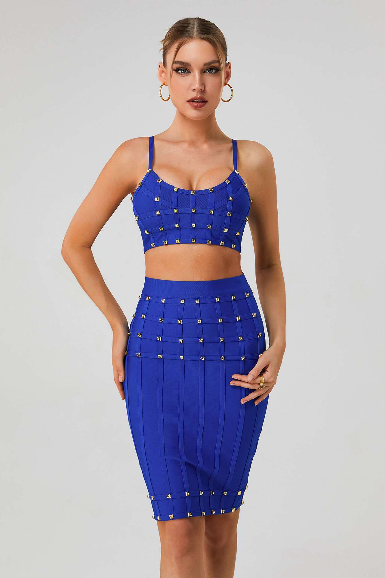 White & Gold Studded Bandage Crop Top & Midi Skirt Set - Two Piece Bodycon Clubwear BA363