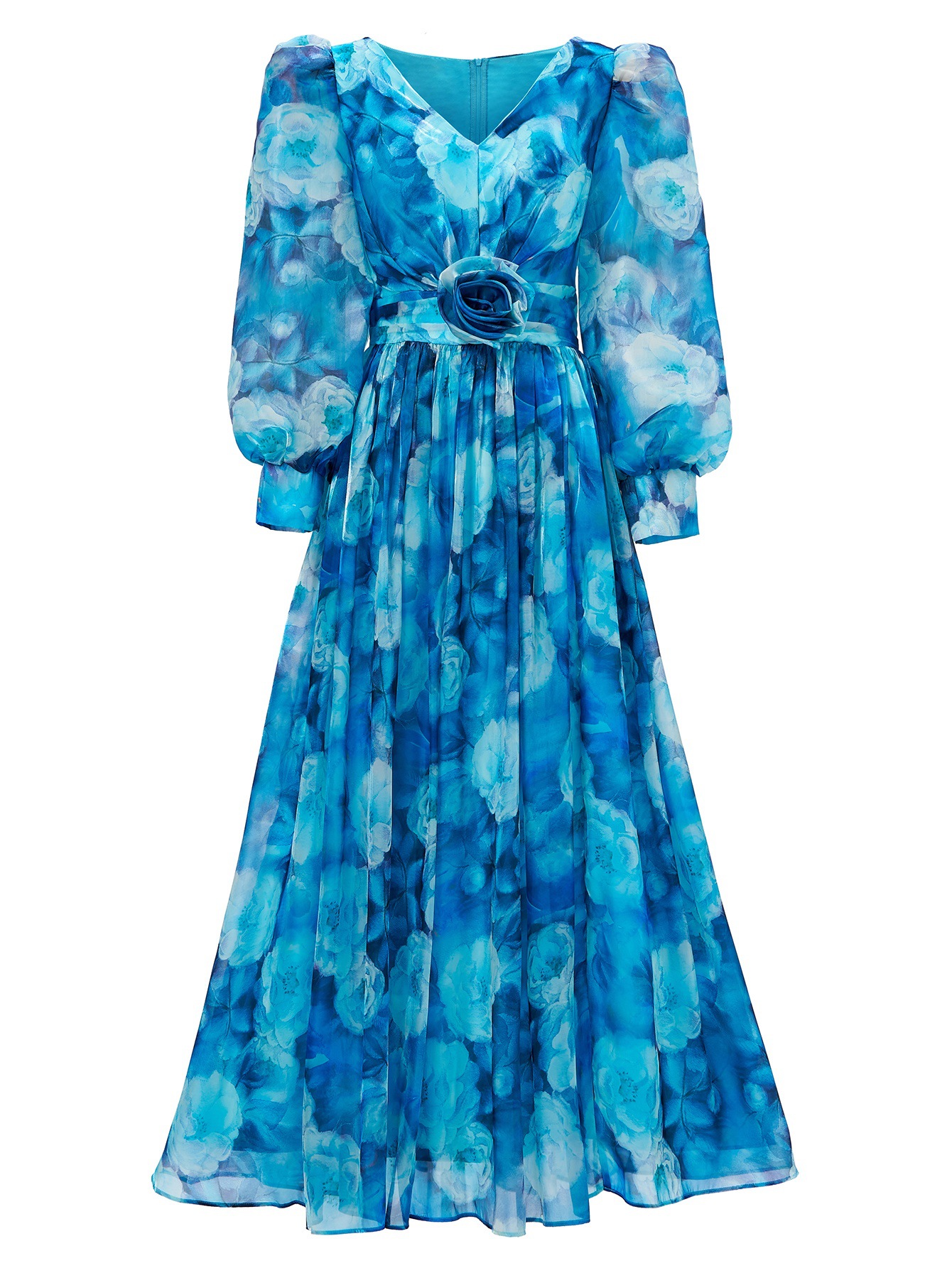Yellow Floral Print Chiffon Maxi Dress | V-Neck Long Puff Sleeve Gown with 3D Waist Flower Detail | Elegant Retro Summer Wedding Guest Dress qc21