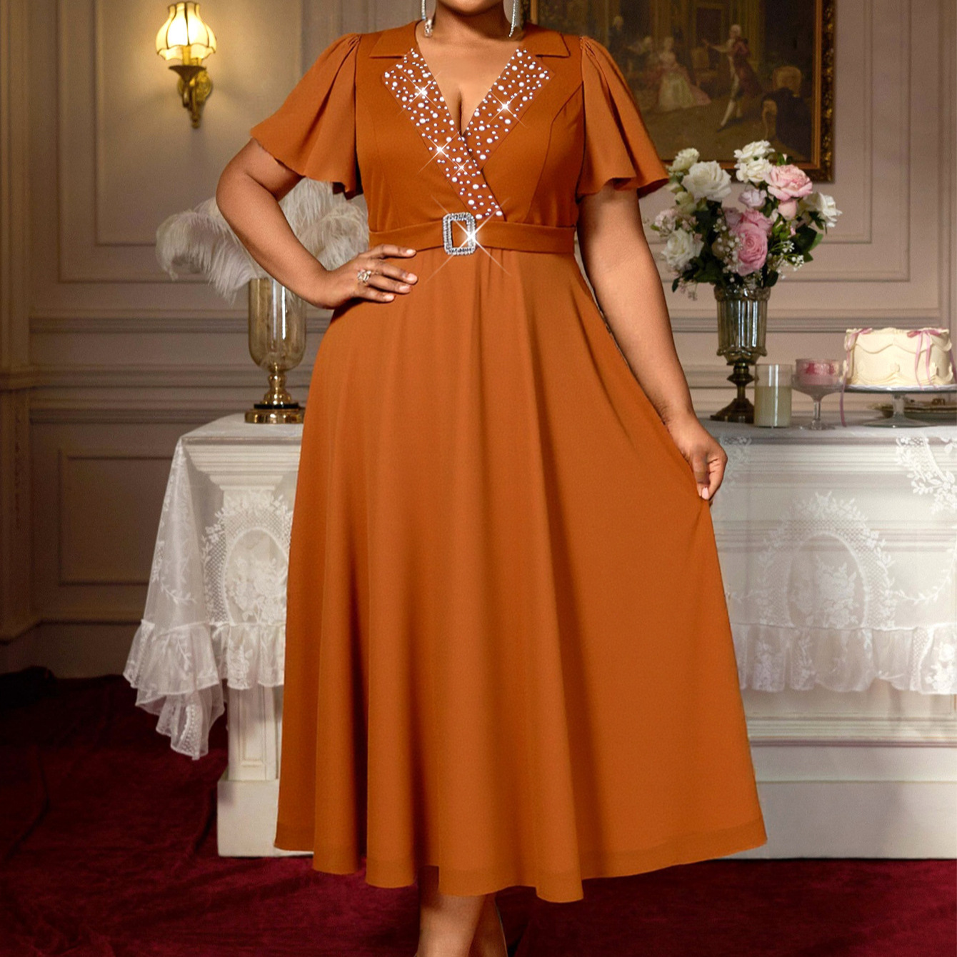 Plus-Sizes Elegant Sequin V-Neck Dress with Rhinestone Belt AM050508	-UGENA FASHION
