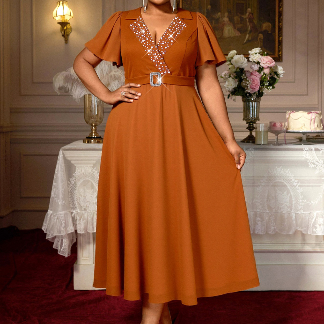 Plus-Sizes Elegant Sequin V-Neck Dress with Rhinestone Belt AM050508	-UGENA FASHION