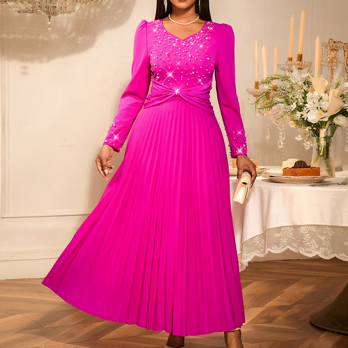 Plus-Sizes Long Sleeve Embellished Pleated Maxi Dress - Elegant V-Neck Gown for Formal Occasions AM050217	-UGENA FASHION