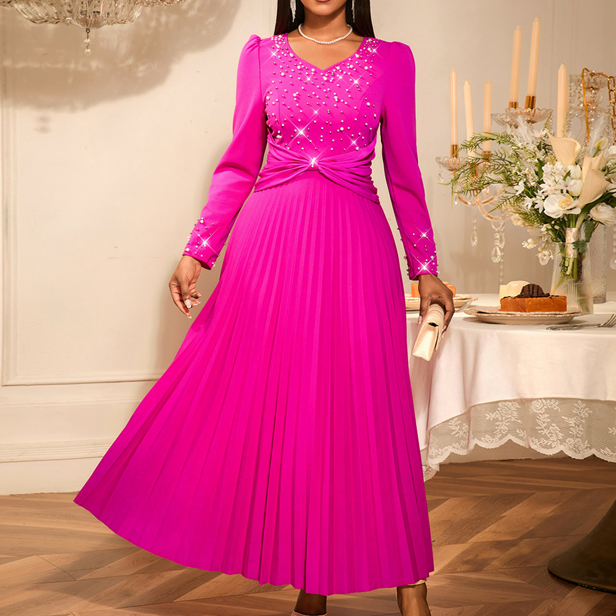 Plus-Sizes Long Sleeve Embellished Pleated Maxi Dress - Elegant V-Neck Gown for Formal Occasions AM050217	-UGENA FASHION