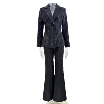 Women's Chic Striped Sequin Power Suit - Double-Breasted Blazer & Wide-Leg Pants Set for Party & Office 3092