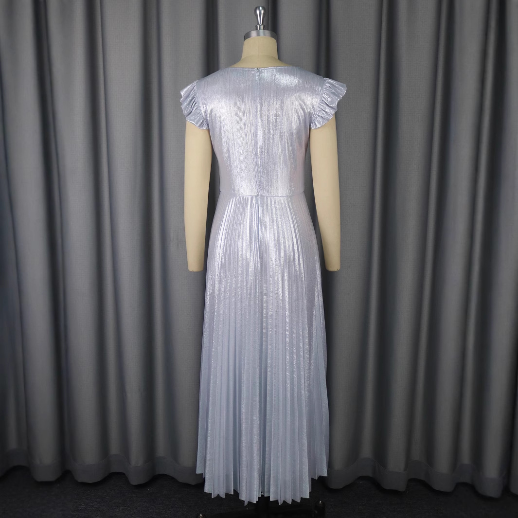 Plus-Sizes Glamorous Metallic Pleated Maxi Dress with V-Neck and Ruffle Sleeves - Elegant Silver Formal Gown AM050341	-UGENA FASHION