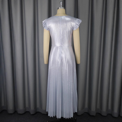 Plus-Sizes Glamorous Metallic Pleated Maxi Dress with V-Neck and Ruffle Sleeves - Elegant Silver Formal Gown AM050341	-UGENA FASHION