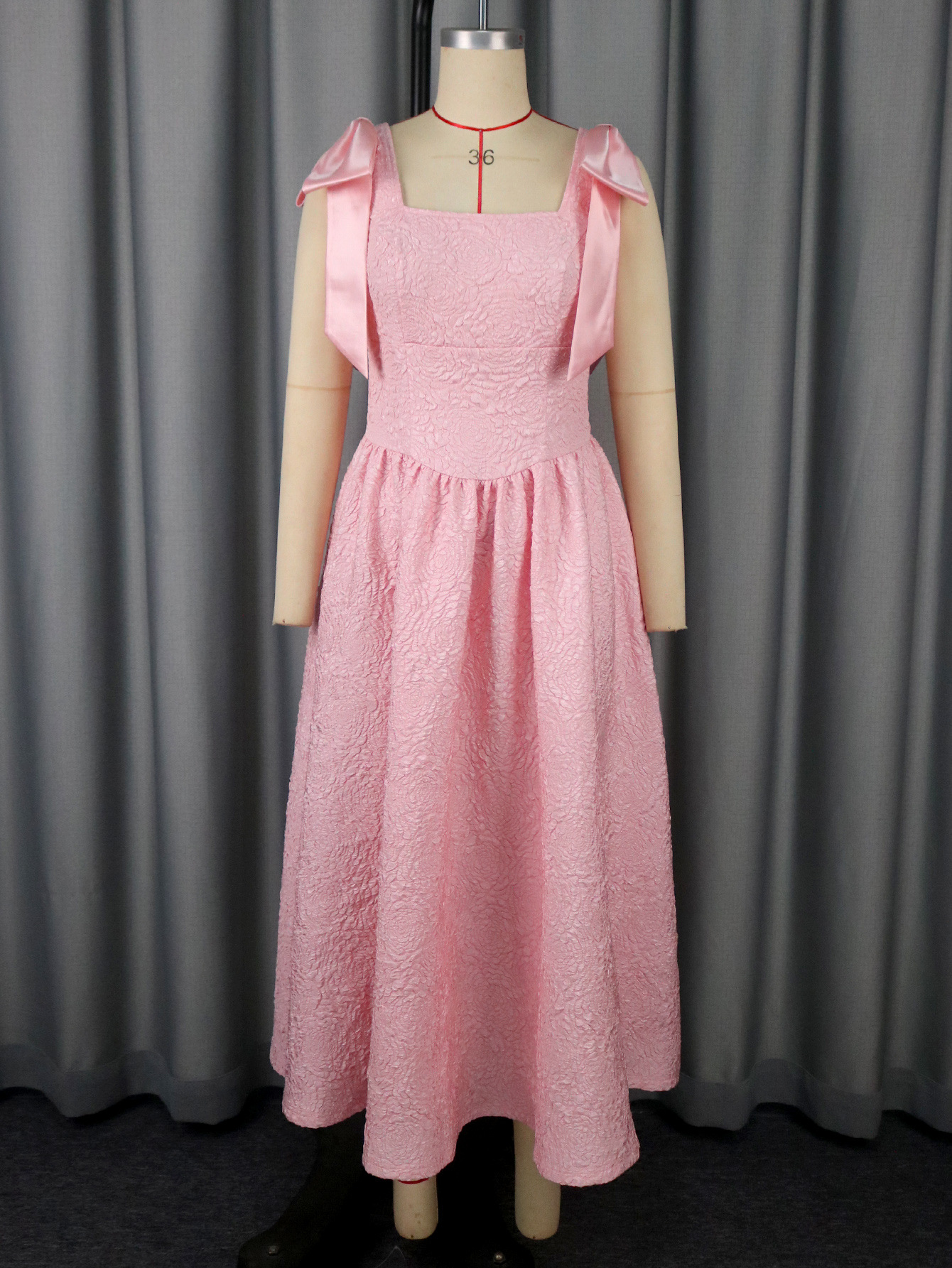 Plus-Sizes Chic Pink Jacquard Midi Dress with Shoulder Bows AM050553	-UGENA FASHION