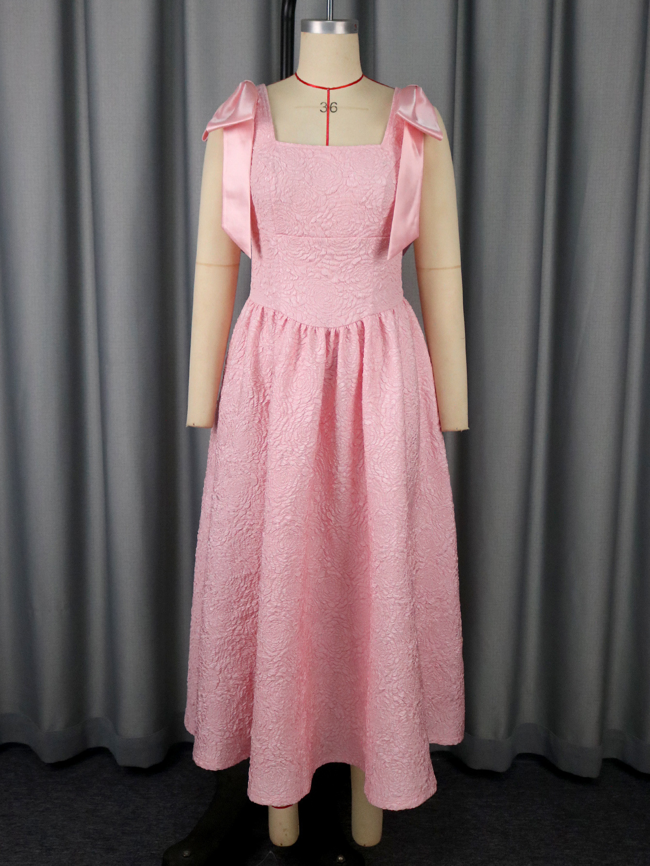 Plus-Sizes Chic Pink Jacquard Midi Dress with Shoulder Bows AM050553	-UGENA FASHION