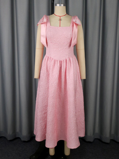 Plus-Sizes Chic Pink Jacquard Midi Dress with Shoulder Bows AM050553	-UGENA FASHION