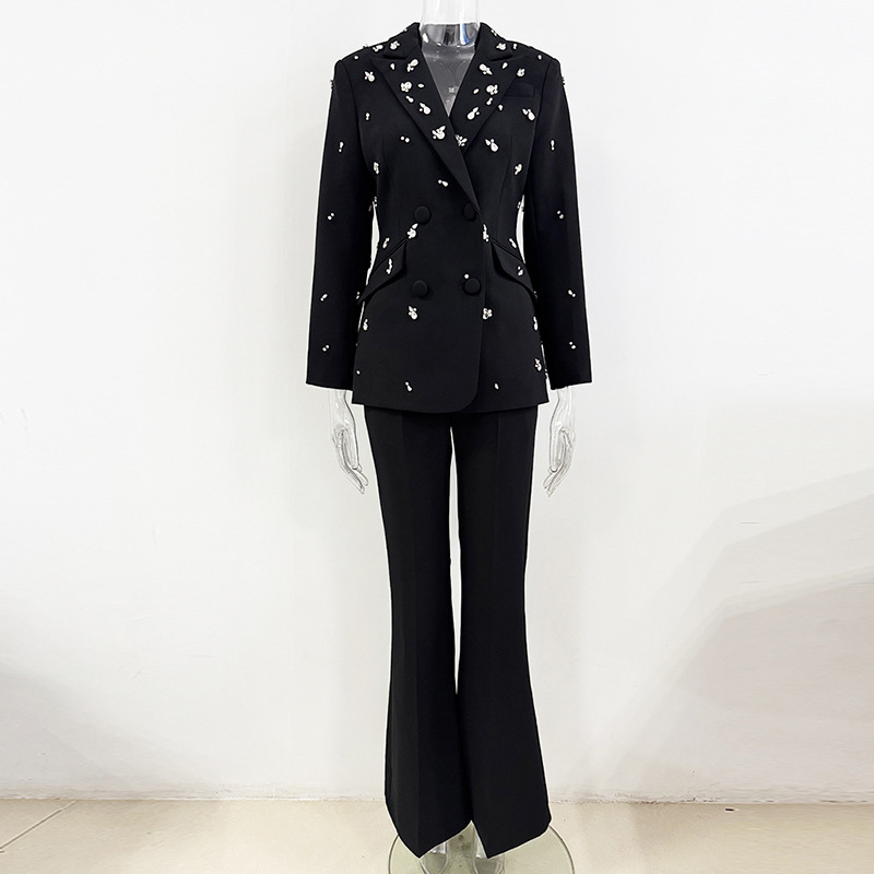 Luxury Black Pearl Embellished Blazer & Flare Pants Set - Elegant Double-Breasted Beaded Suit for Women - Chic Evening Party & Runway 2-Piece Outfit 3096