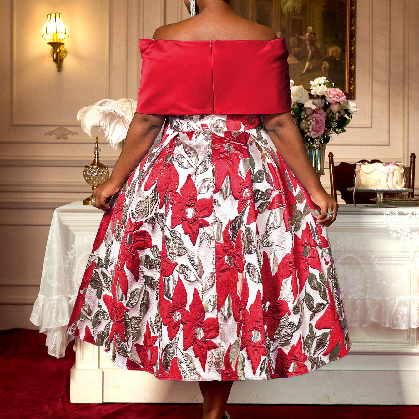 Plus-Sizes Floral Brocade Off-Shoulder Midi Cocktail Dress AM050225			-UGENA FASHION