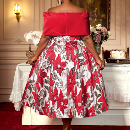 Plus-Sizes Floral Brocade Off-Shoulder Midi Cocktail Dress AM050225			-UGENA FASHION