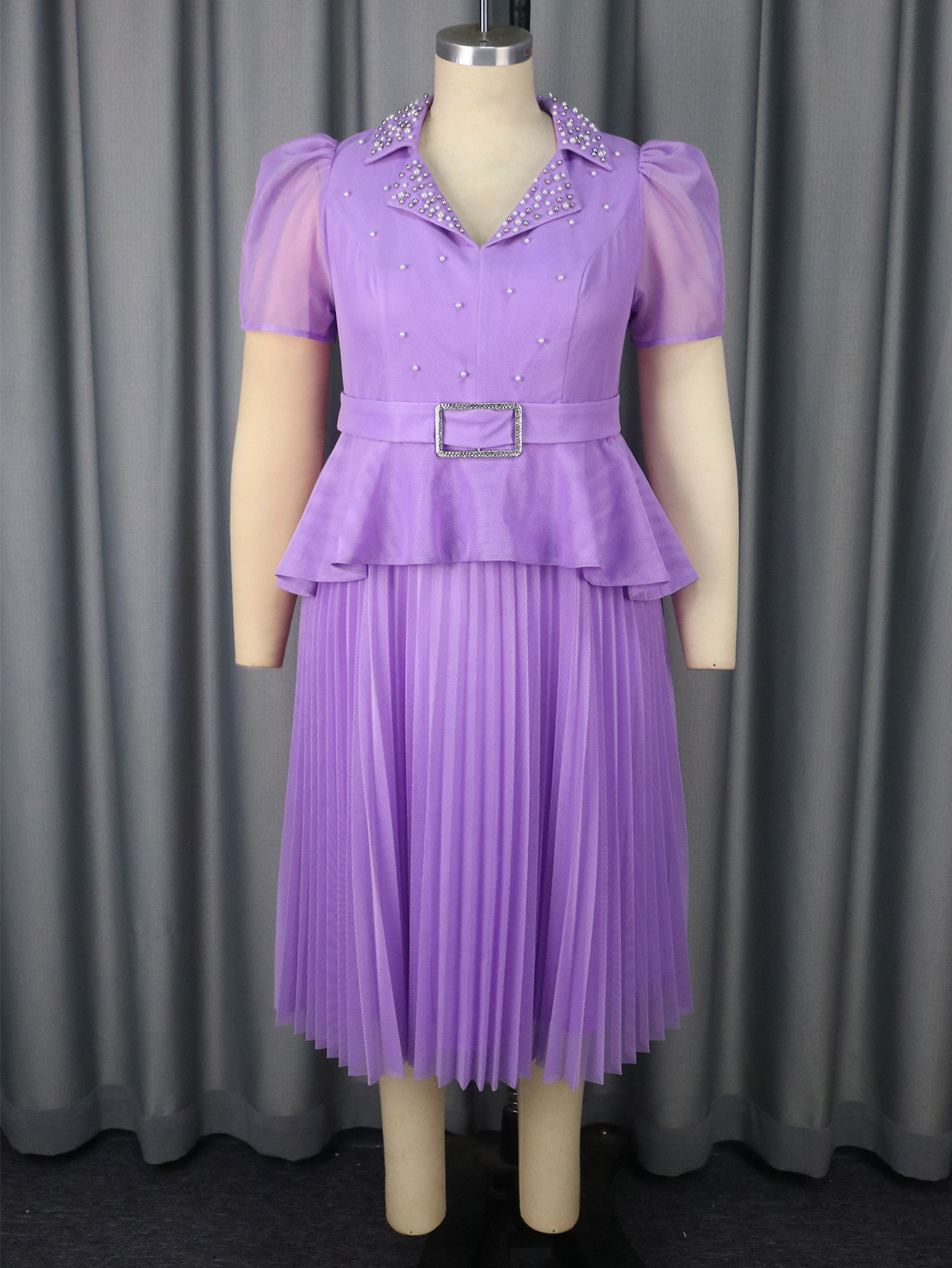 Plus-Sizes Pearl Embellished  Pleated Midi Dress AM050405	-UGENA FASHION