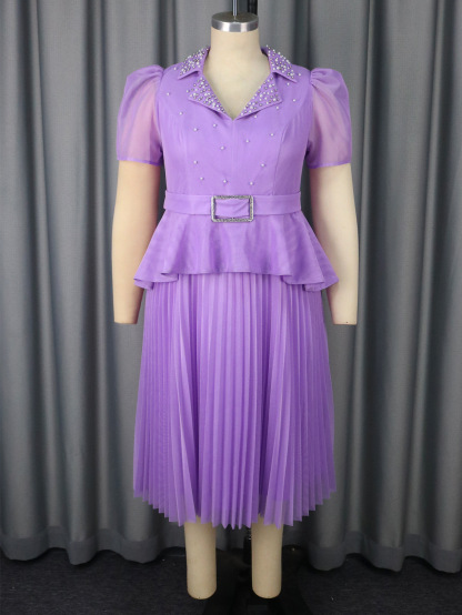 Plus-Sizes Pearl Embellished  Pleated Midi Dress AM050405	-UGENA FASHION