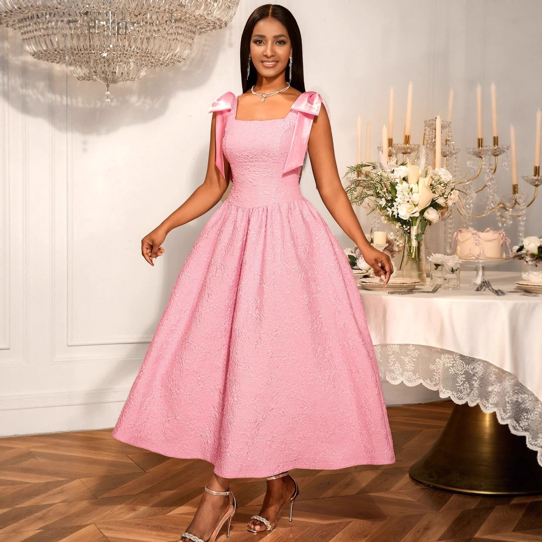 Plus-Sizes Chic Pink Jacquard Midi Dress with Shoulder Bows AM050553	-UGENA FASHION