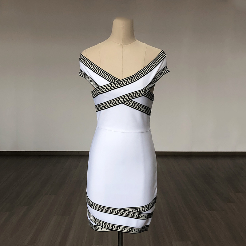 Iconic Greek Key Bandage Bodycon Mini Dress – Off-Shoulder Cross-Front Design BA350