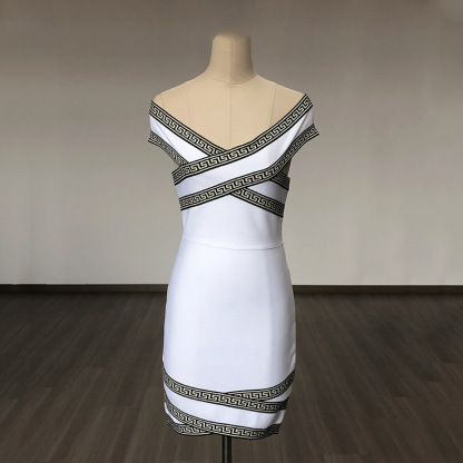 Iconic Greek Key Bandage Bodycon Mini Dress – Off-Shoulder Cross-Front Design BA350