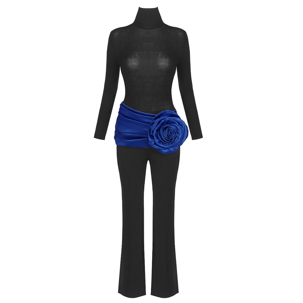 Black High Neck Long Sleeve Bodysuit & Trouser Set with Blue 3D Rose Corset Belt BD2665