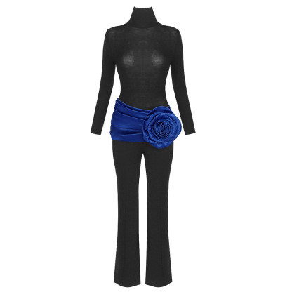 Black High Neck Long Sleeve Bodysuit & Trouser Set with Blue 3D Rose Corset Belt BD2665