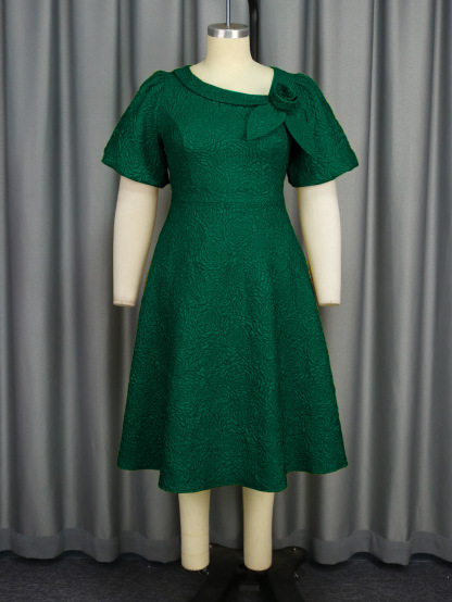 Plus-Sizes Elegant Jacquard Rose A-line Dress with Asymmetric Bow Neckline - Perfect for Wedding & Cocktail Parties AM040856	-UGENA FASHION